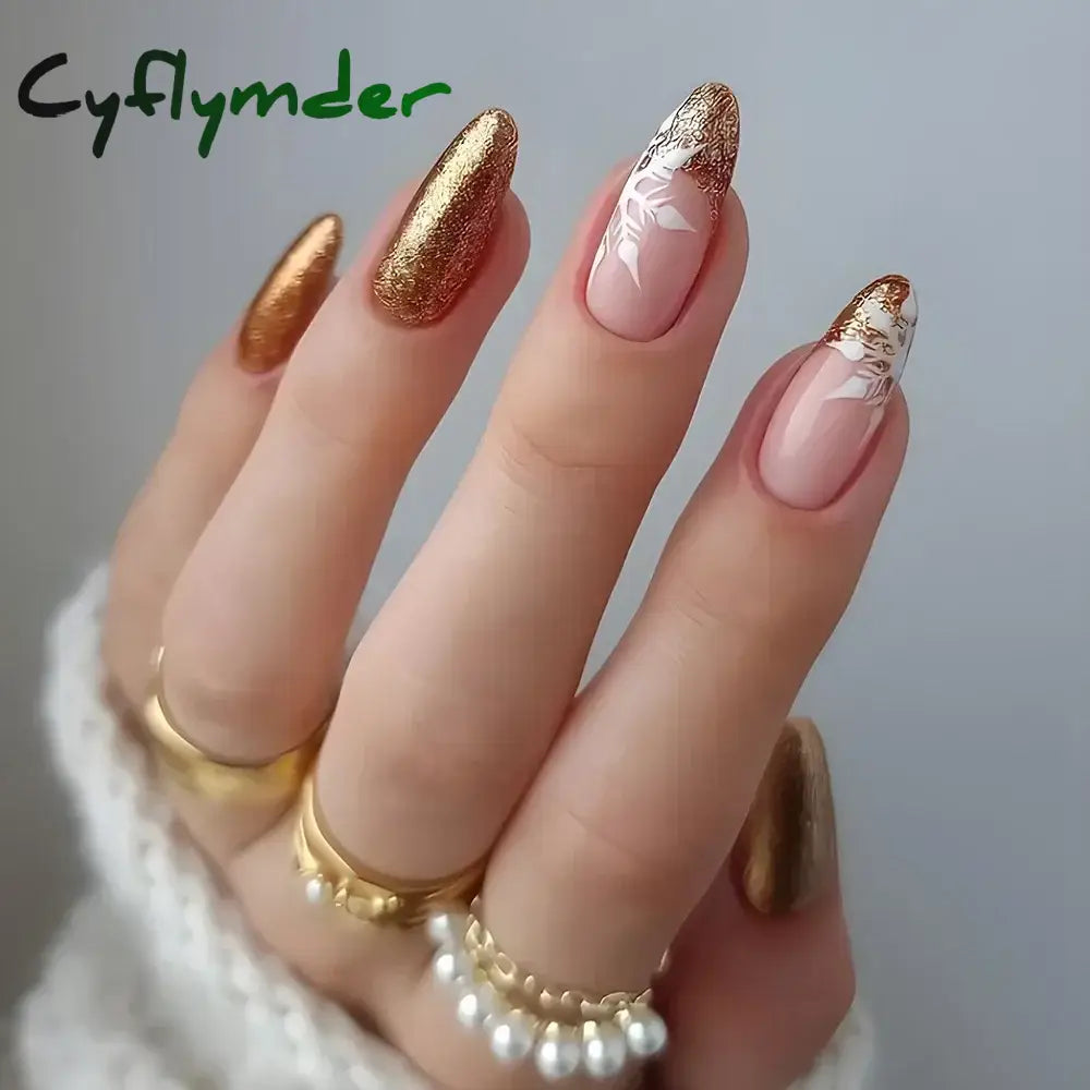 Cyflymder 24Pcs French Gold Edge Wearable Almond Press on Fake Nails Simple Pearl Decoration False Nails with Glue Full