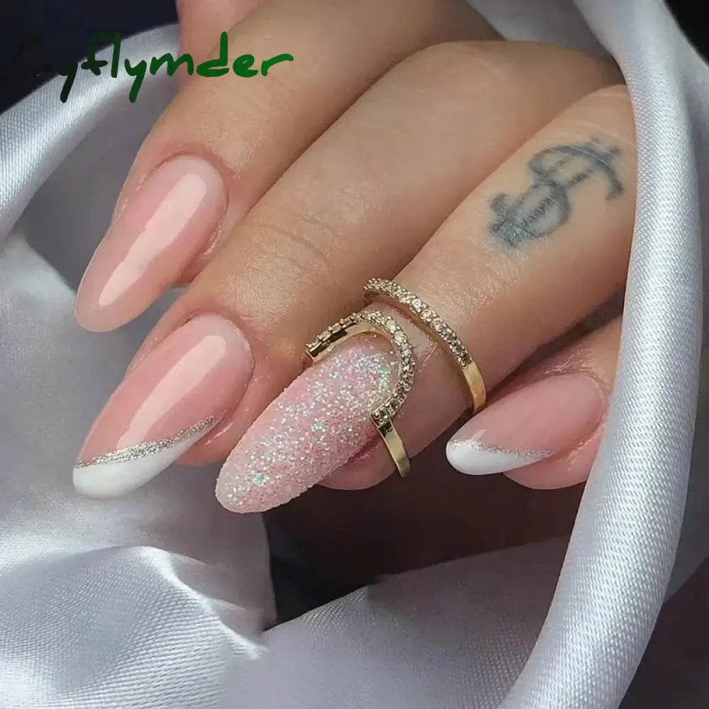 Cyflymder 24Pcs French Gold Edge Wearable Almond Press on Fake Nails Simple Pearl Decoration False Nails with Glue Full