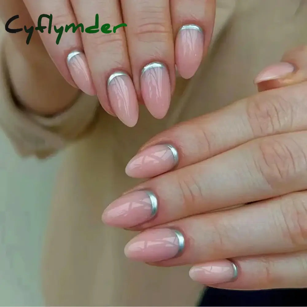 Cyflymder 24Pcs French Gold Edge Wearable Almond Press on Fake Nails Simple Pearl Decoration False Nails with Glue Full