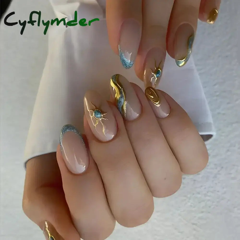 Cyflymder 24Pcs French Gold Edge Wearable Almond Press on Fake Nails Simple Pearl Decoration False Nails with Glue Full