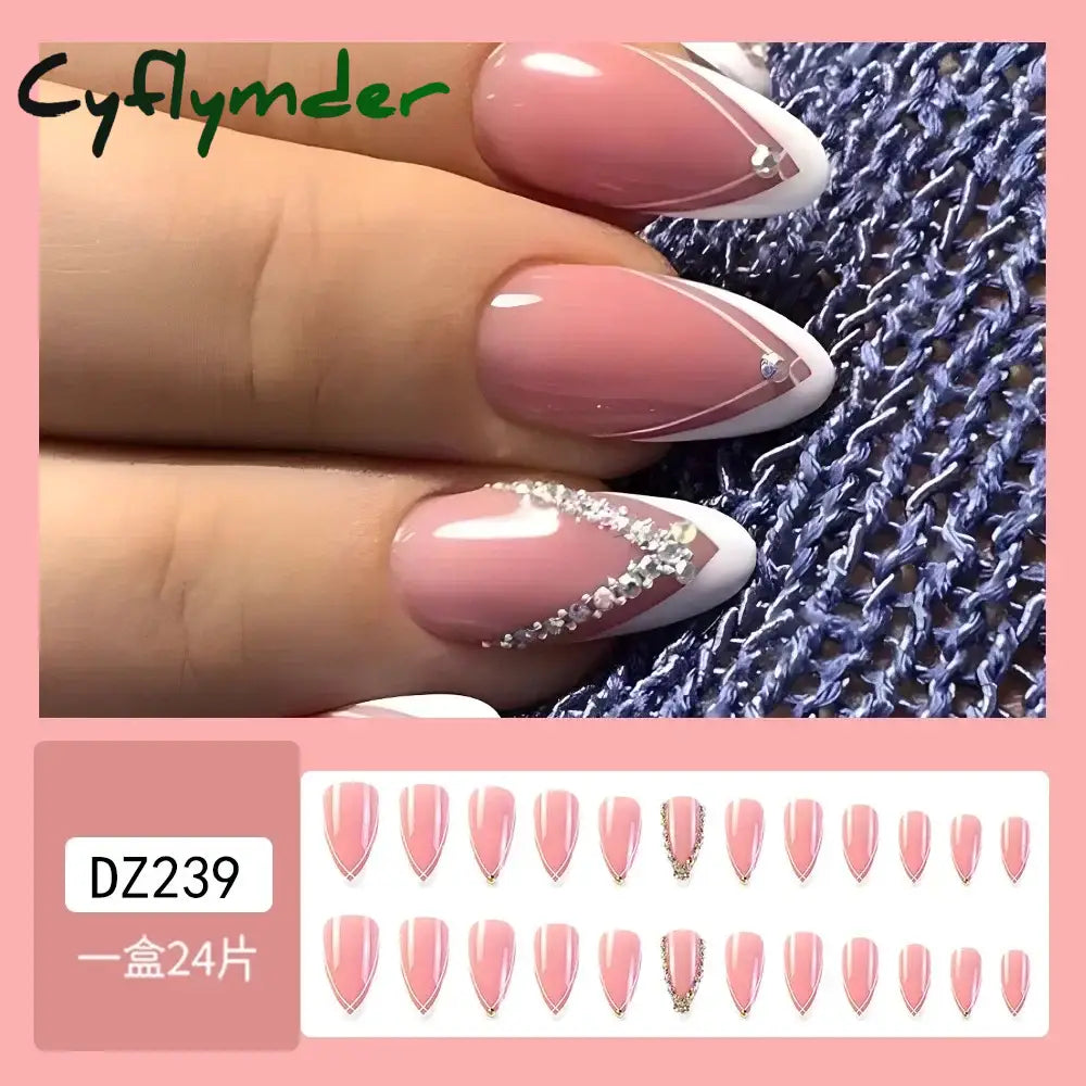 Cyflymder 24Pcs French Gold Edge Wearable Almond Press on Fake Nails Simple Pearl Decoration False Nails with Glue Full