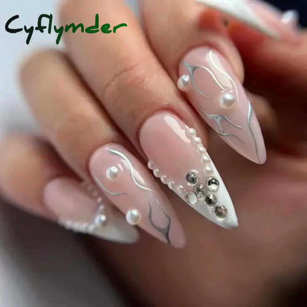 Cyflymder 24Pcs French Gold Edge Wearable Almond Press on Fake Nails Simple Pearl Decoration False Nails with Glue Full