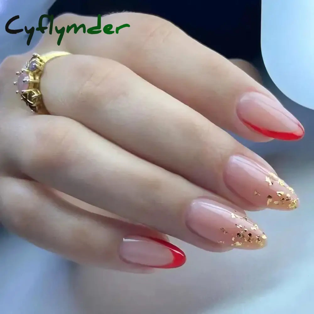 Cyflymder 24Pcs French Gold Edge Wearable Almond Press on Fake Nails Simple Pearl Decoration False Nails with Glue Full