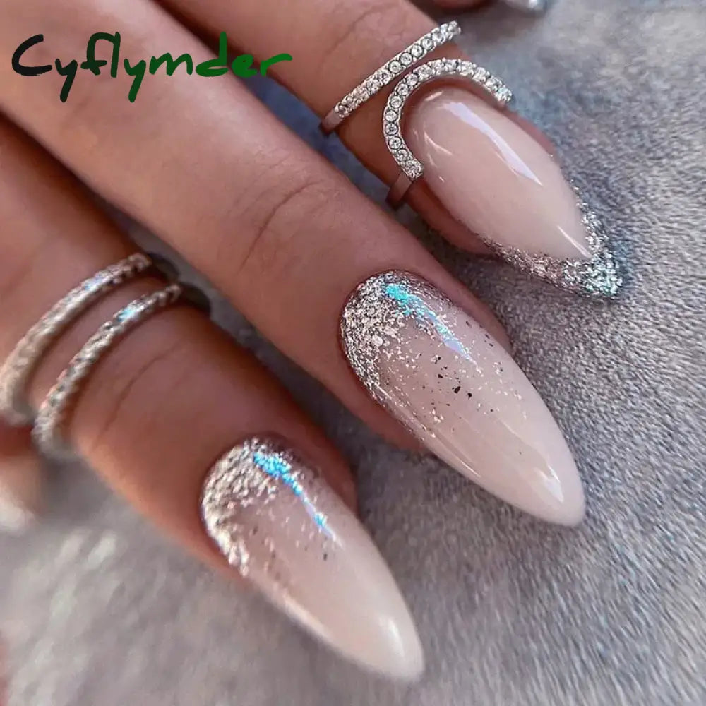 Cyflymder 24Pcs French Gold Edge Wearable Almond Press on Fake Nails Simple Pearl Decoration False Nails with Glue Full