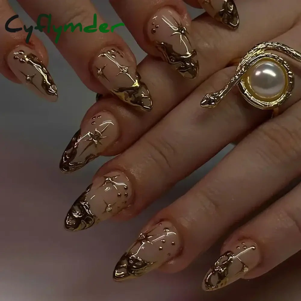 Cyflymder 24Pcs French Gold Edge Wearable Almond Press on Fake Nails Simple Pearl Decoration False Nails with Glue Full