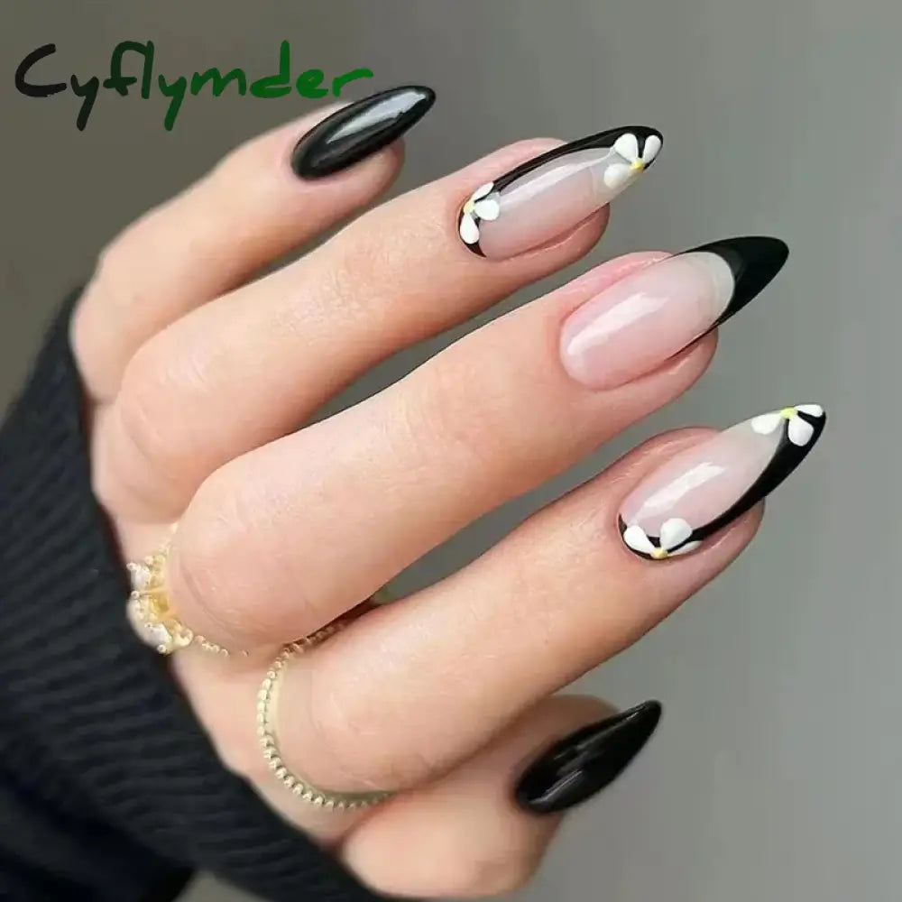 Cyflymder 24Pcs French Gold Edge Wearable Almond Press on Fake Nails Simple Pearl Decoration False Nails with Glue Full