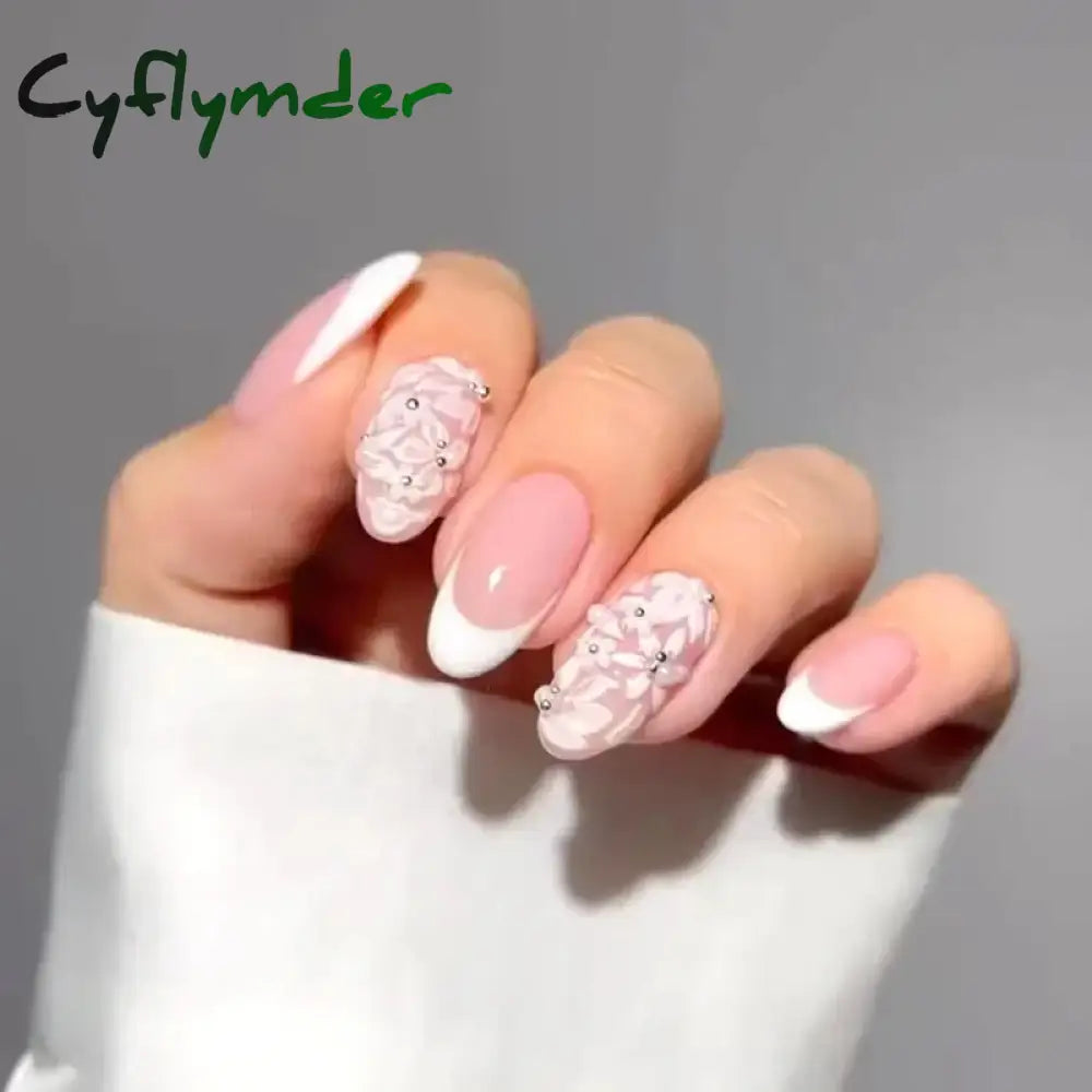 Cyflymder 24Pcs French Gold Edge Wearable Almond Press on Fake Nails Simple Pearl Decoration False Nails with Glue Full