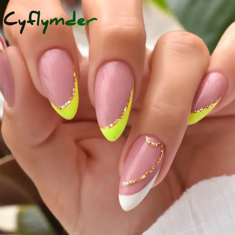 Cyflymder 24Pcs French Gold Edge Wearable Almond Press on Fake Nails Simple Pearl Decoration False Nails with Glue Full