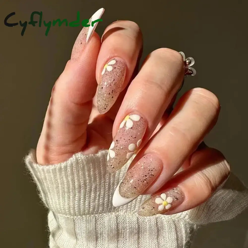 Cyflymder 24Pcs French Gold Edge Wearable Almond Press on Fake Nails Simple Pearl Decoration False Nails with Glue Full