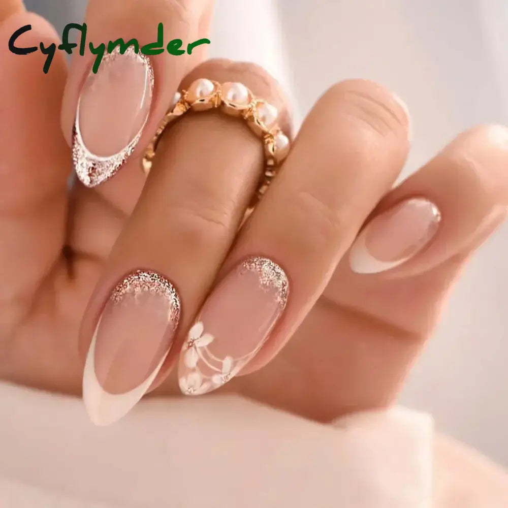 Cyflymder 24Pcs French Gold Edge Wearable Almond Press on Fake Nails Simple Pearl Decoration False Nails with Glue Full