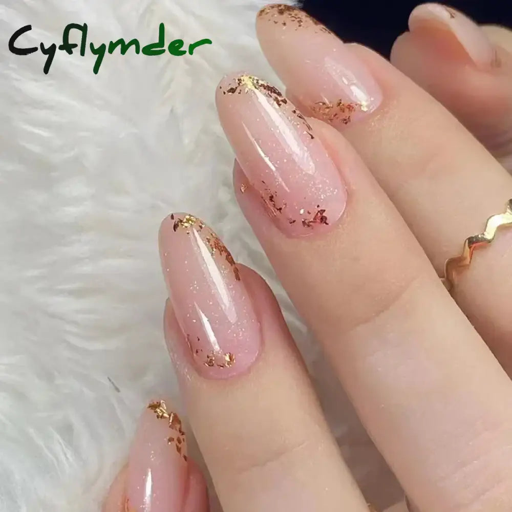 Cyflymder 24Pcs French Gold Edge Wearable Almond Press on Fake Nails Simple Pearl Decoration False Nails with Glue Full