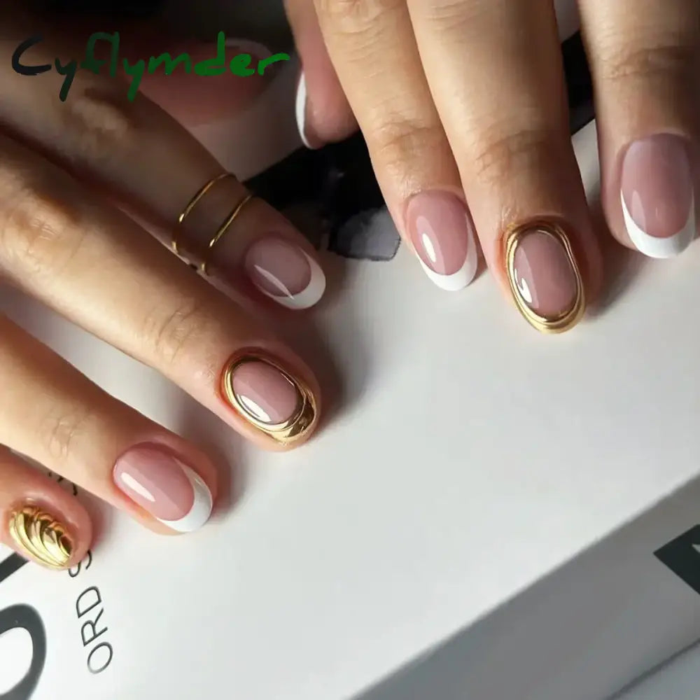 Cyflymder 24Pcs French Gold Edge Wearable Almond Press on Fake Nails Simple Pearl Decoration False Nails with Glue Full