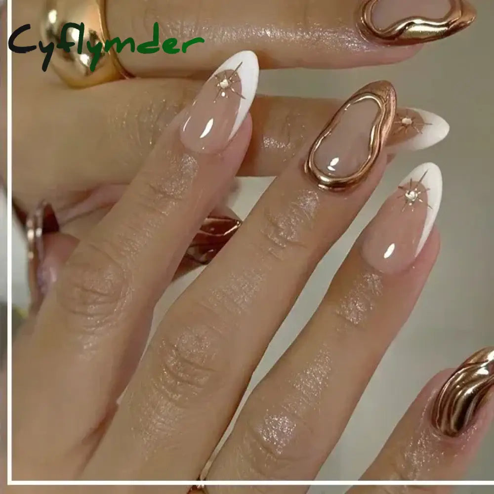 Cyflymder 24Pcs French Gold Edge Wearable Almond Press on Fake Nails Simple Pearl Decoration False Nails with Glue Full