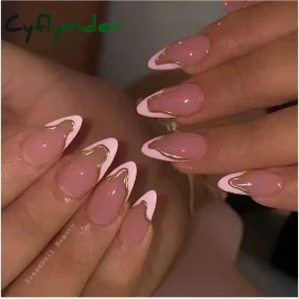 Cyflymder 24Pcs French Gold Edge Wearable Almond Press on Fake Nails Simple Pearl Decoration False Nails with Glue Full