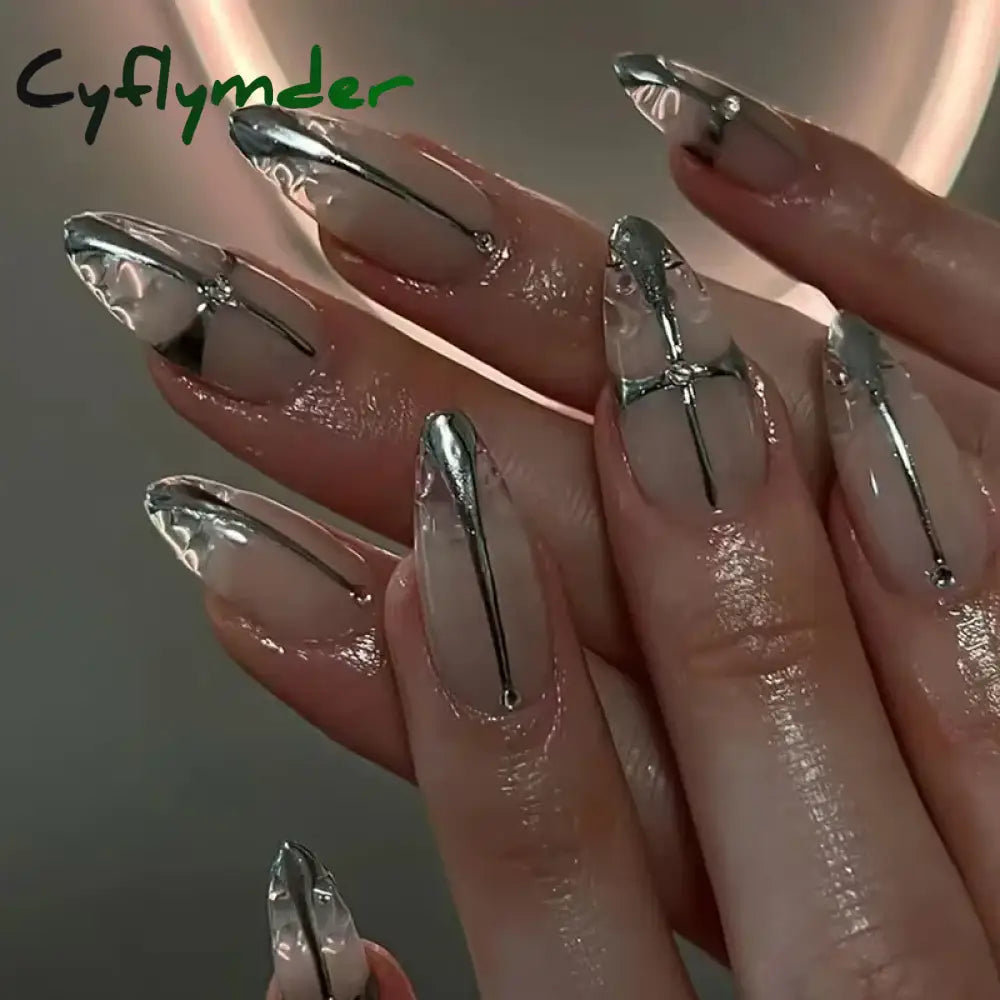 Cyflymder 24Pcs French Gold Edge Wearable Almond Press on Fake Nails Simple Pearl Decoration False Nails with Glue Full