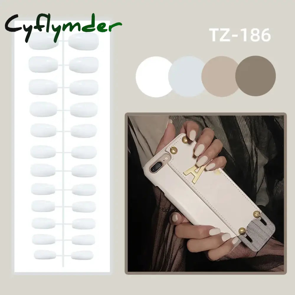 Cyflymder 24Pcs French Gold Edge Wearable Almond Press on Fake Nails Simple Pearl Decoration False Nails with Glue Full