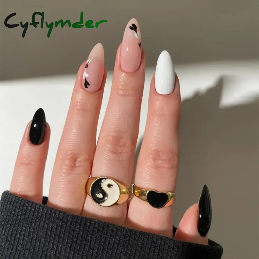 Cyflymder 24Pcs French Gold Edge Wearable Almond Press on Fake Nails Simple Pearl Decoration False Nails with Glue Full