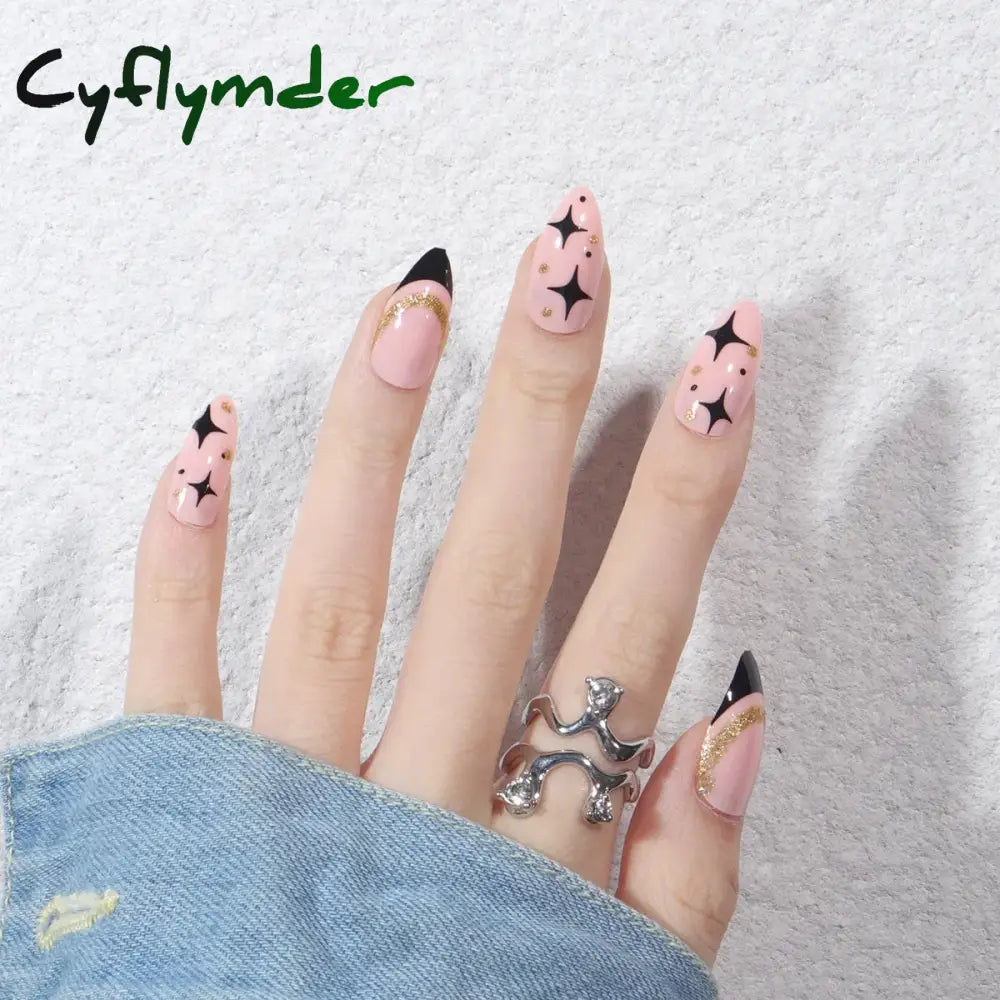 Cyflymder 24Pcs French Gold Edge Wearable Almond Press on Fake Nails Simple Pearl Decoration False Nails with Glue Full