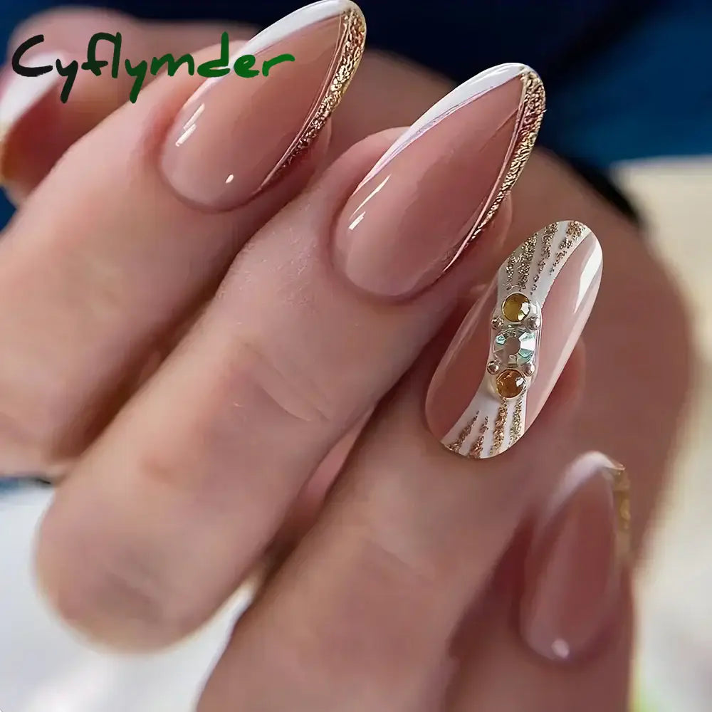 Cyflymder 24Pcs French Gold Edge Wearable Almond Press on Fake Nails Simple Pearl Decoration False Nails with Glue Full