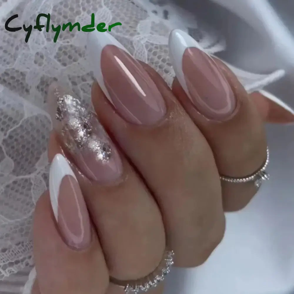 Cyflymder 24Pcs French Gold Edge Wearable Almond Press on Fake Nails Simple Pearl Decoration False Nails with Glue Full