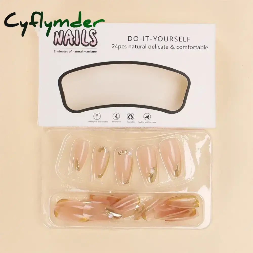 Cyflymder 24Pcs French Gold Edge Wearable Almond Press on Fake Nails Simple Pearl Decoration False Nails with Glue Full