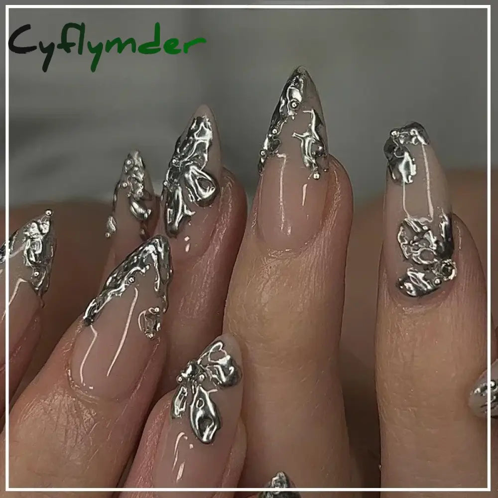 Cyflymder 24Pcs French Gold Edge Wearable Almond Press on Fake Nails Simple Pearl Decoration False Nails with Glue Full