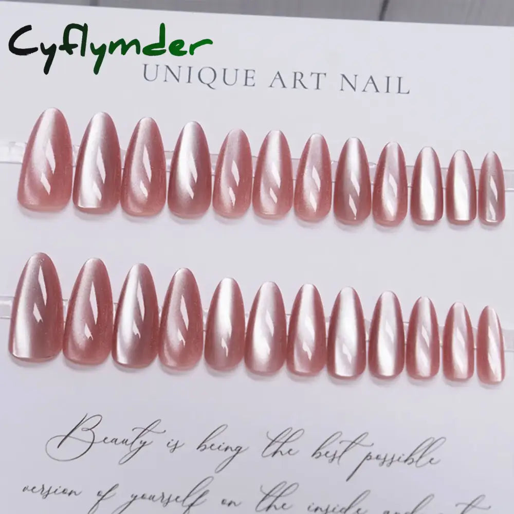 Cyflymder 24pcs Glitter Fake Nails Purple Shiny Cat Eye Press On Nails Almond Head Manicure Nail Tips Pink/Blue False