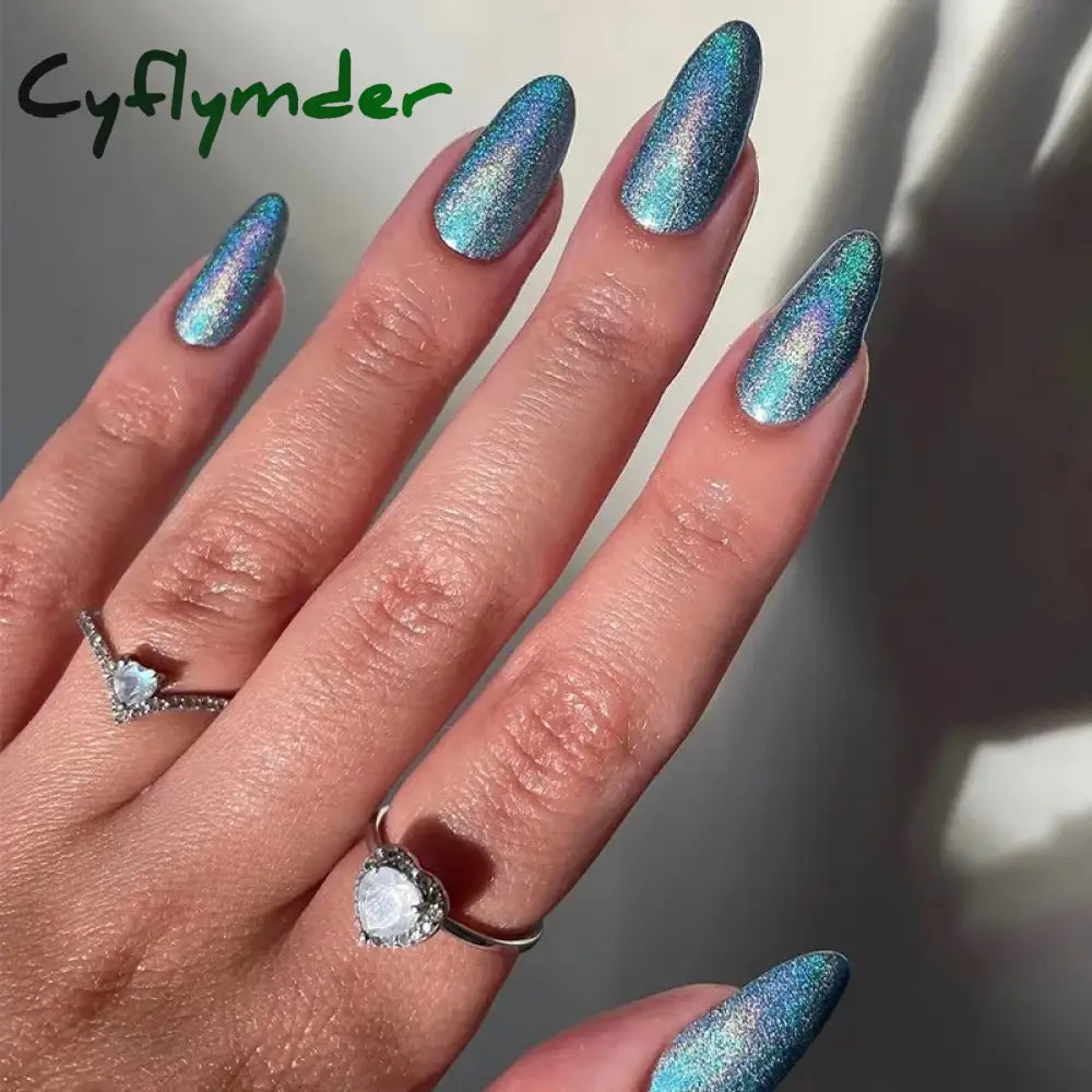 Cyflymder 24pcs Glitter Fake Nails Purple Shiny Cat Eye Press On Nails Almond Head Manicure Nail Tips Pink/Blue False