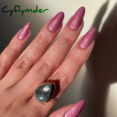 Cyflymder 24pcs Glitter Fake Nails Purple Shiny Cat Eye Press On Nails Almond Head Manicure Nail Tips Pink/Blue False