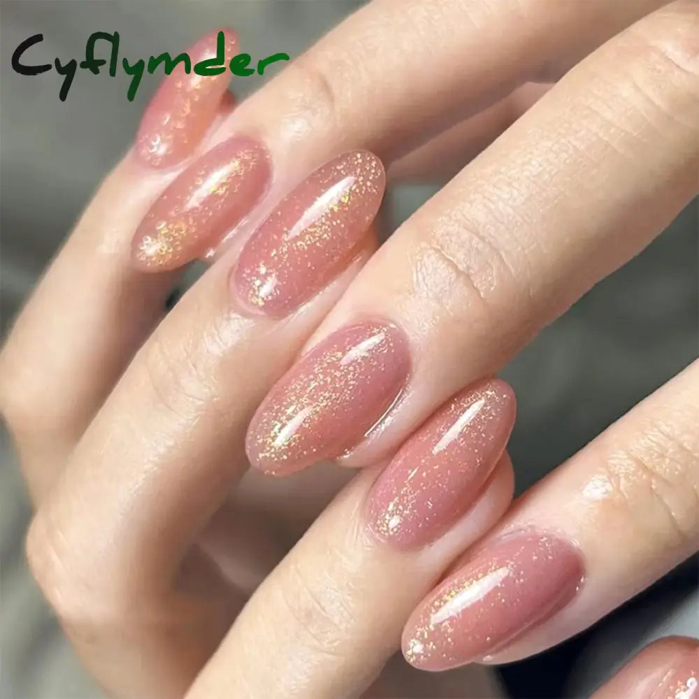 Cyflymder 24pcs Glitter Fake Nails Purple Shiny Cat Eye Press On Nails Almond Head Manicure Nail Tips Pink/Blue False