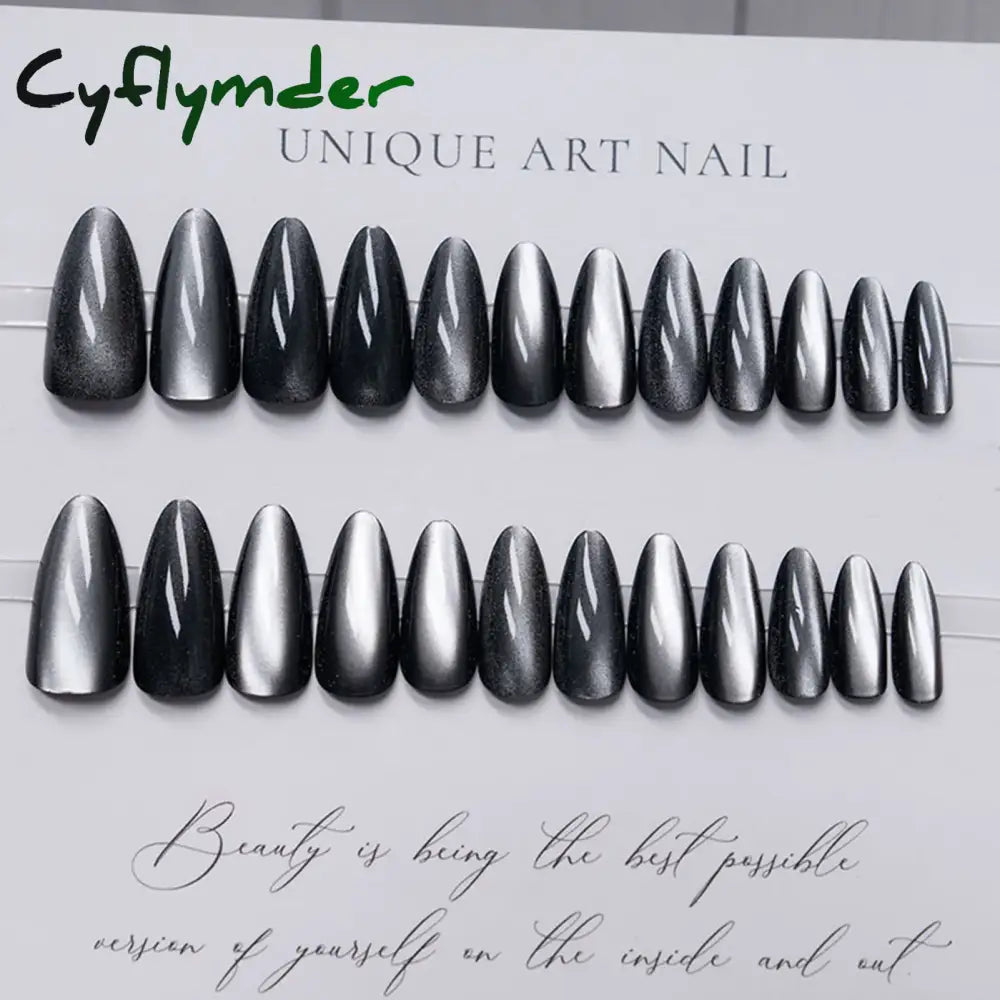 Cyflymder 24pcs Glitter Fake Nails Purple Shiny Cat Eye Press On Nails Almond Head Manicure Nail Tips Pink/Blue False