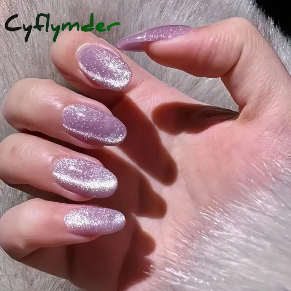 Cyflymder 24pcs Glitter Fake Nails Purple Shiny Cat Eye Press On Nails Almond Head Manicure Nail Tips Pink/Blue False