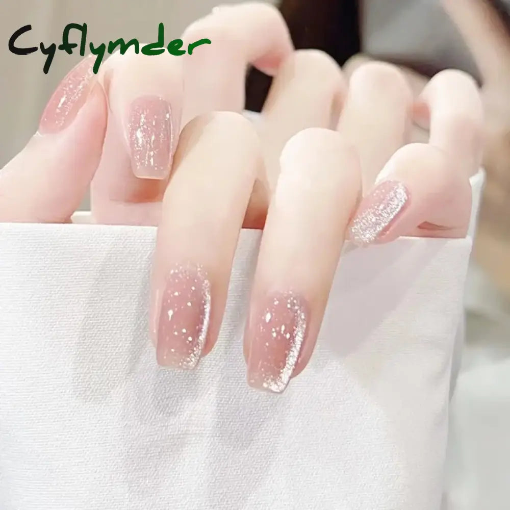 Cyflymder 24pcs Glitter Fake Nails Purple Shiny Cat Eye Press On Nails Almond Head Manicure Nail Tips Pink/Blue False