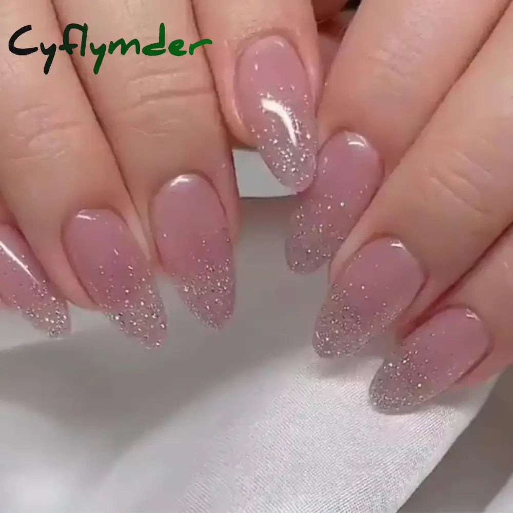 Cyflymder 24pcs Glitter Fake Nails Purple Shiny Cat Eye Press On Nails Almond Head Manicure Nail Tips Pink/Blue False