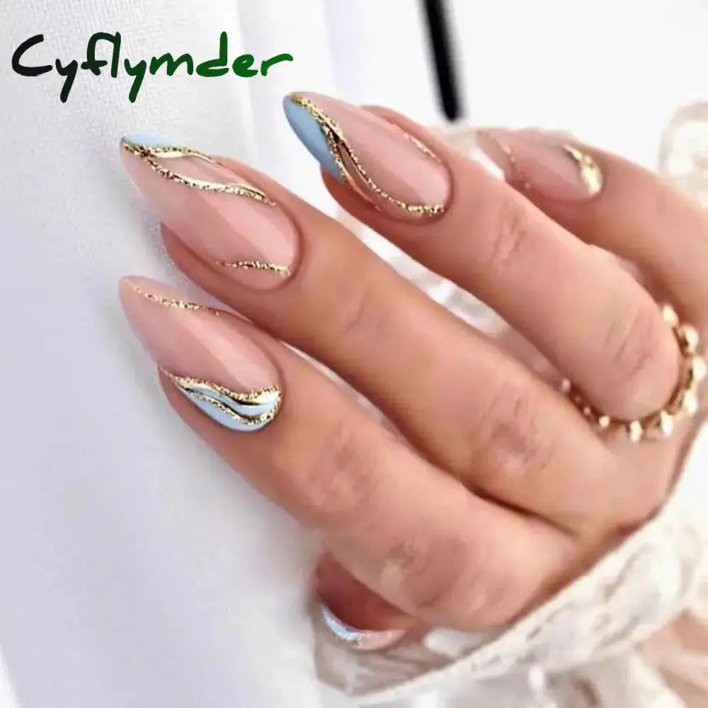 Cyflymder 24Pcs Glitter Star River False Nails French Long Almond Fake Nials Diy Manicure