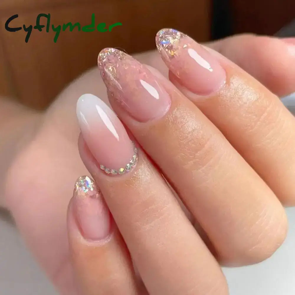 Cyflymder 24Pcs Glitter Star River False Nails French Long Almond Fake Nials Diy Manicure