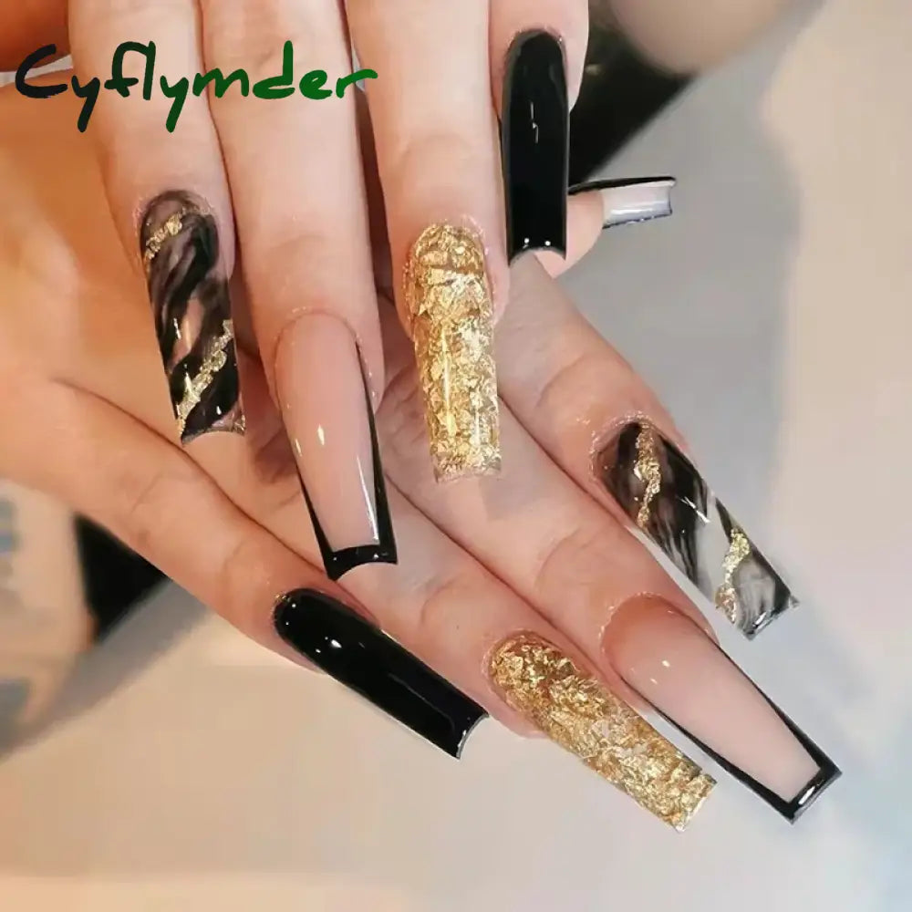 Cyflymder 24Pcs Green Butterfly False Nails Long Ballet Coffin Glitter With Glue French Design