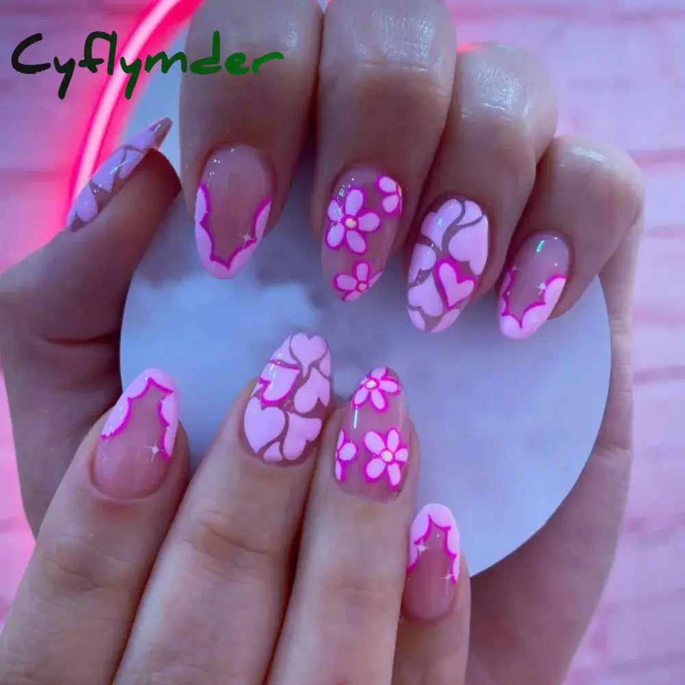 Cyflymder 24Pcs Long Almond False Nails French Pink Cloud Star Press On Fake Diy Manicure