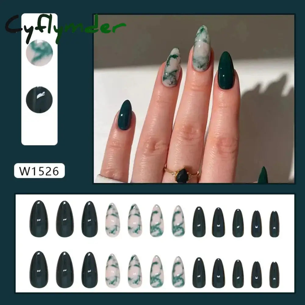 Cyflymder 24Pcs Long Almond False Nails French Rose Cat Eye Dark Green Swoosh Stars Press On Fake