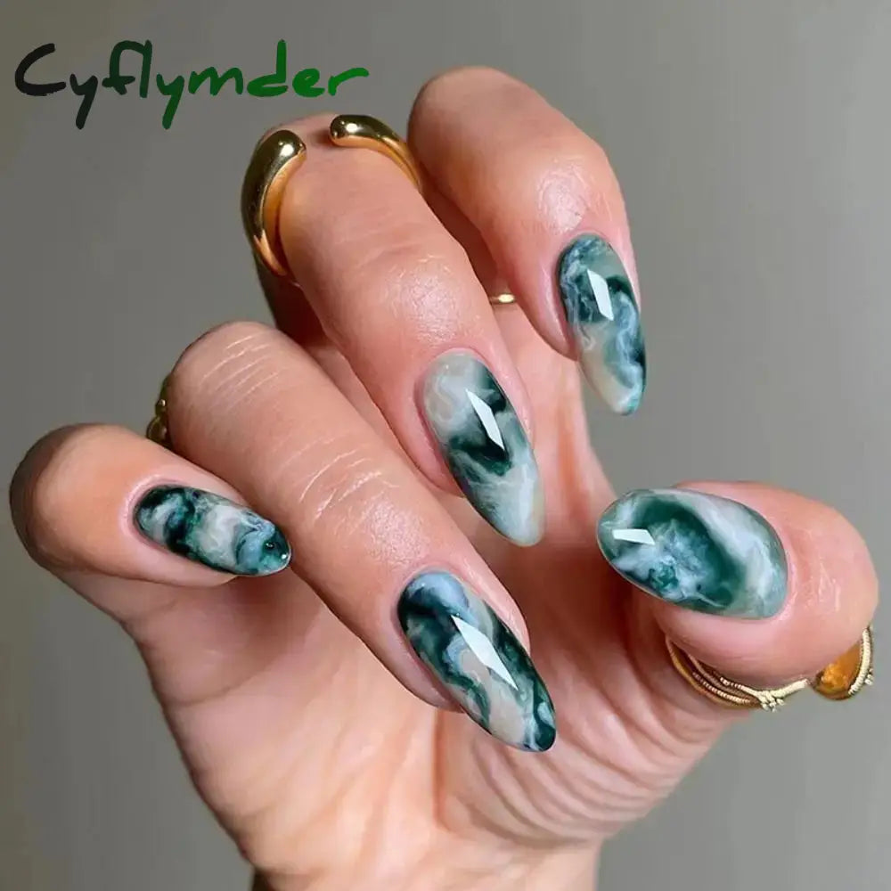 Cyflymder 24Pcs Long Almond False Nails French Rose Cat Eye Dark Green Swoosh Stars Press On Fake