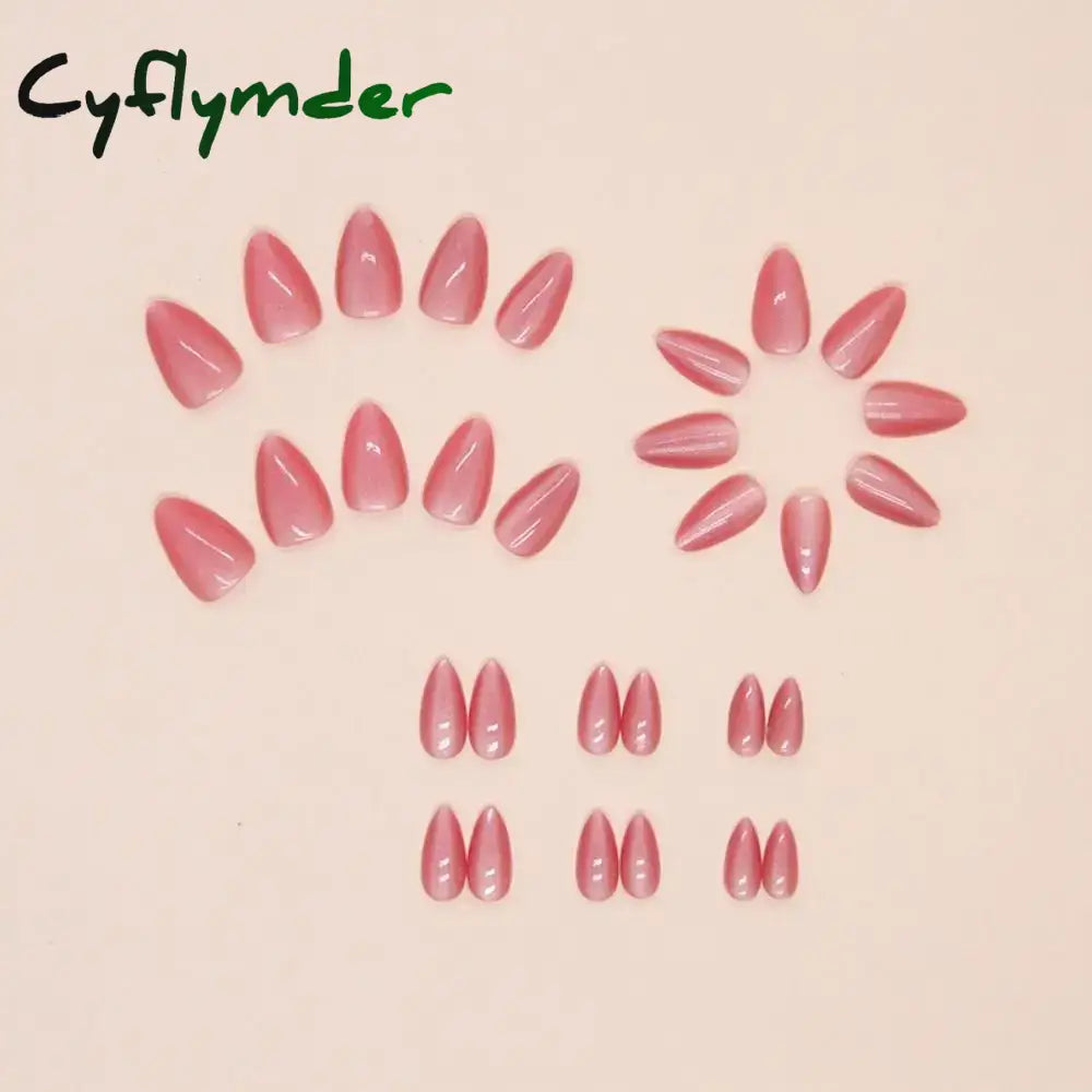 Cyflymder 24Pcs Long Almond False Nails French Rose Cat Eye Dark Green Swoosh Stars Press On Fake