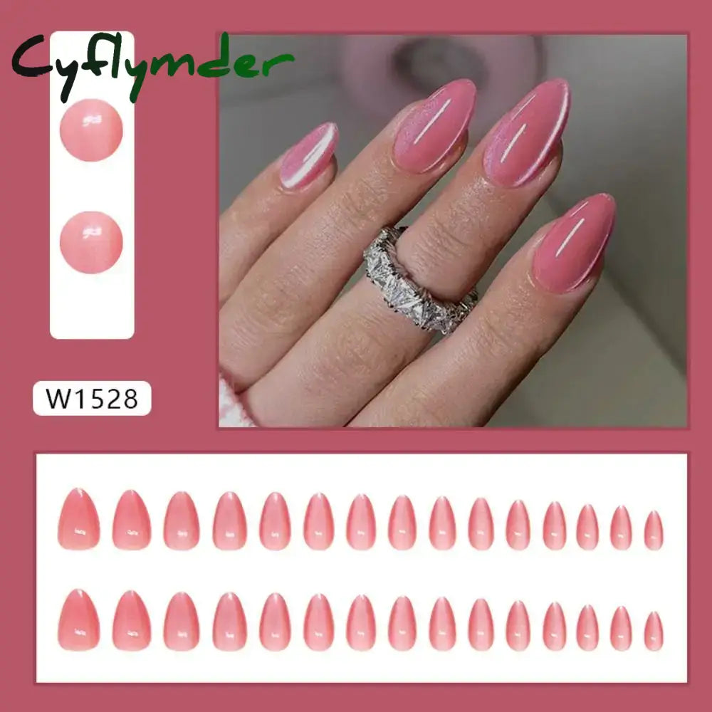 Cyflymder 24Pcs Long Almond False Nails French Rose Cat Eye Dark Green Swoosh Stars Press On Fake