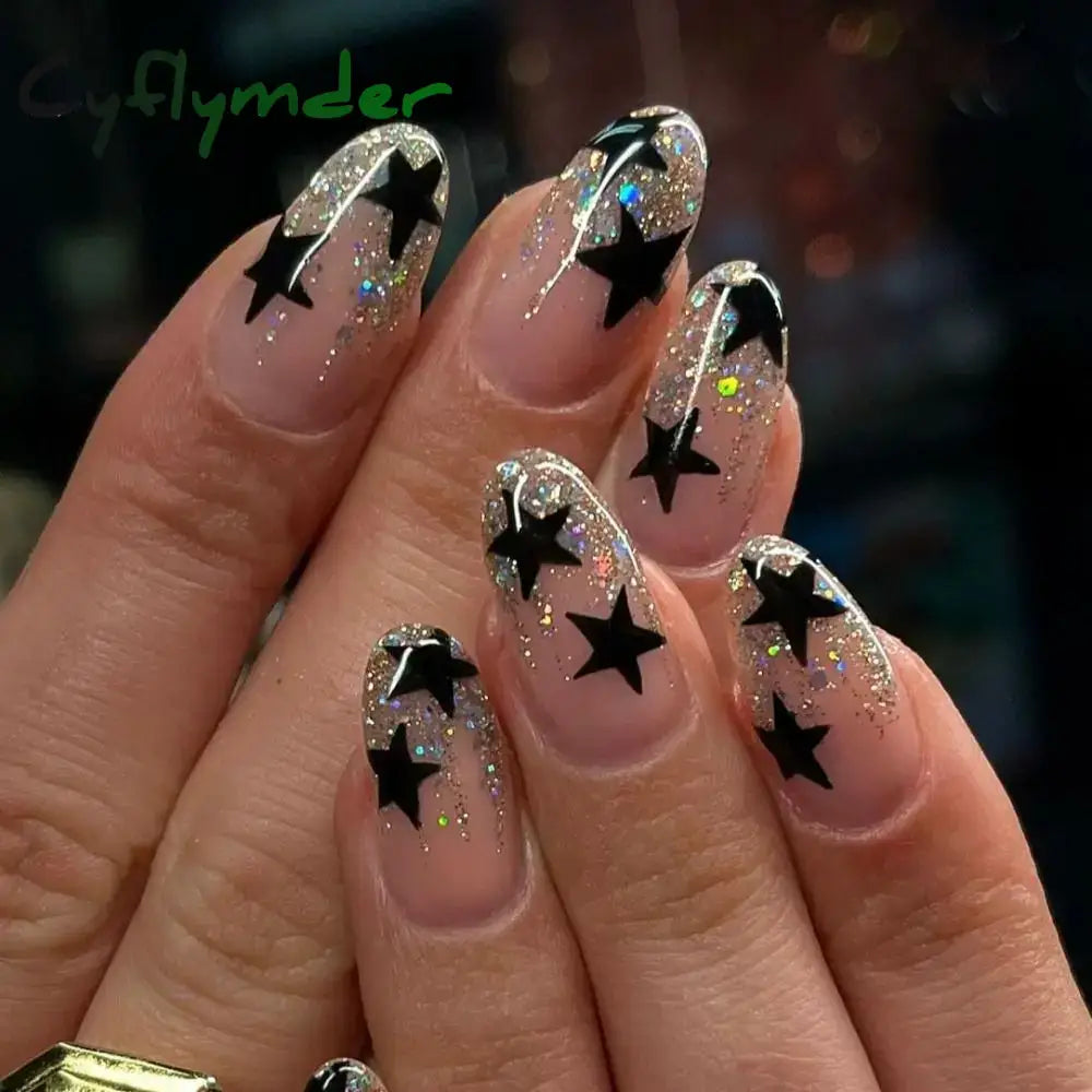 Cyflymder 24Pcs Long Almond False Nails French Rose Cat Eye Dark Green Swoosh Stars Press On Fake