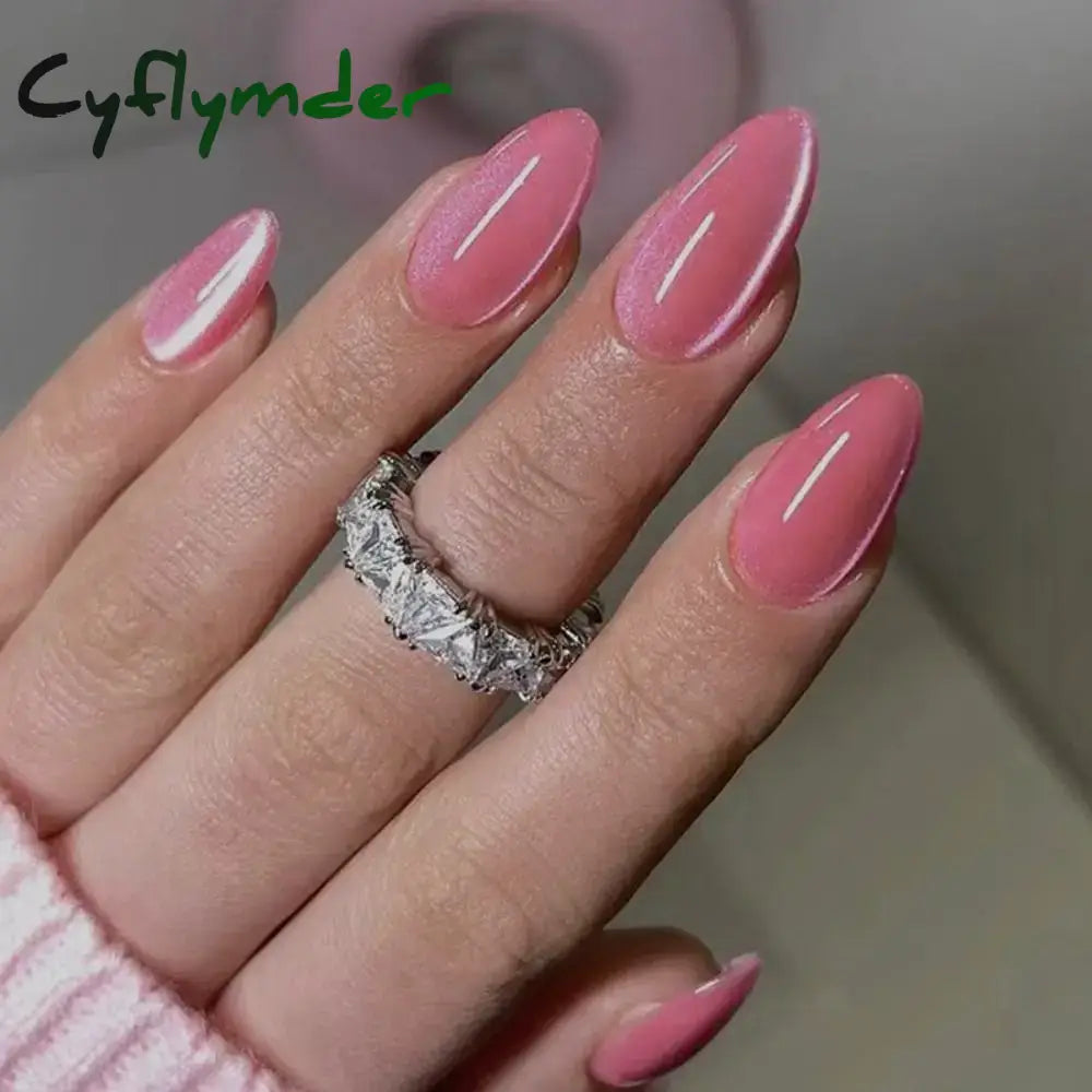 Cyflymder 24Pcs Long Almond False Nails French Rose Cat Eye Dark Green Swoosh Stars Press On Fake