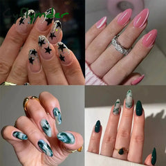 Cyflymder 24Pcs Long Almond False Nails French Rose Cat Eye Dark Green Swoosh Stars Press On Fake