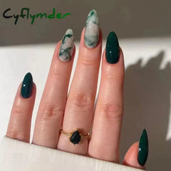 24pcs Long Almond False Nails French Rose Cat Eye Dark Green Swoosh Stars Press on Nails Fake Nails DIY Manicure Detachable