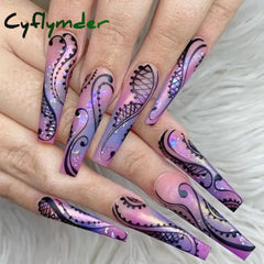 Cyflymder 24Pcs Long Ballerina Nails Set Press On Wearable Artifical False With Glue Roses Pattern
