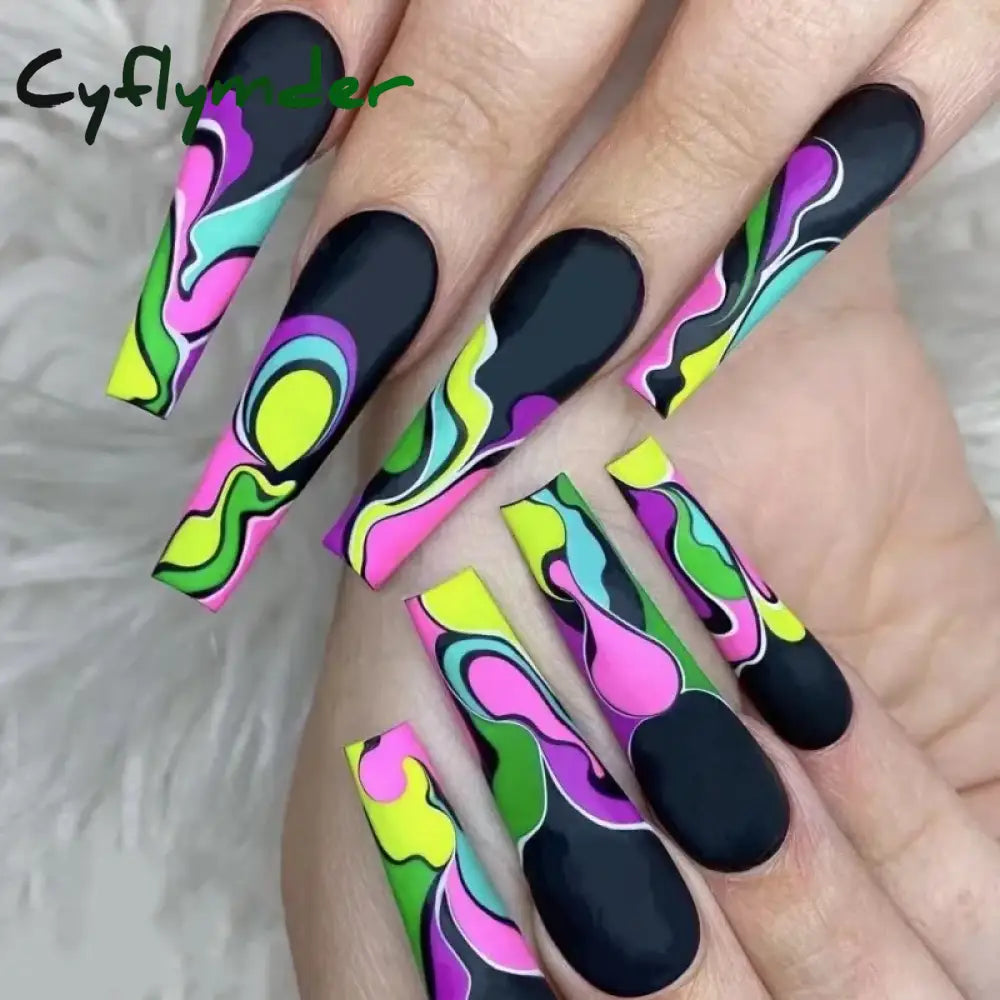 Cyflymder 24Pcs Long Ballerina Nails Set Press On Wearable Artifical False With Glue Roses Pattern