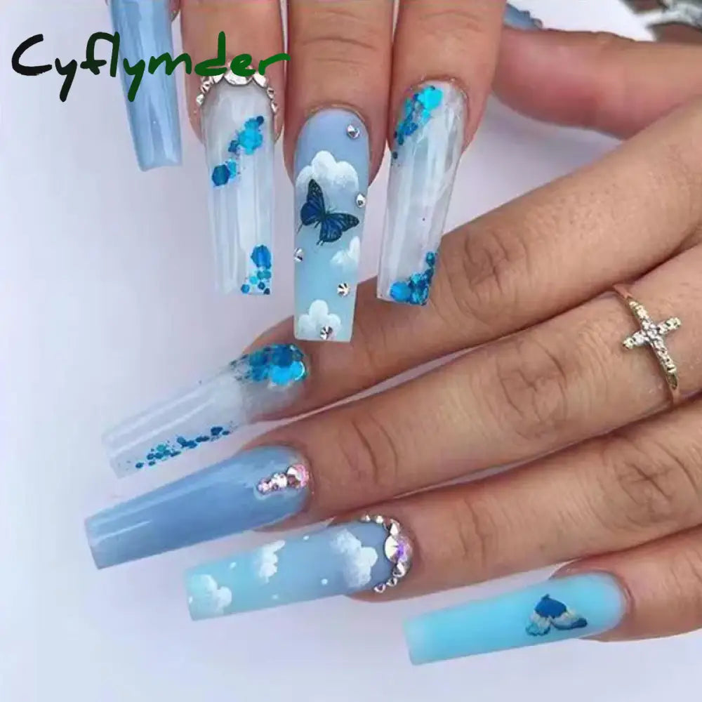 Cyflymder 24Pcs Long Ballet Fake Nails Press On Wearable Coffin False With Glue Glitter Leaves