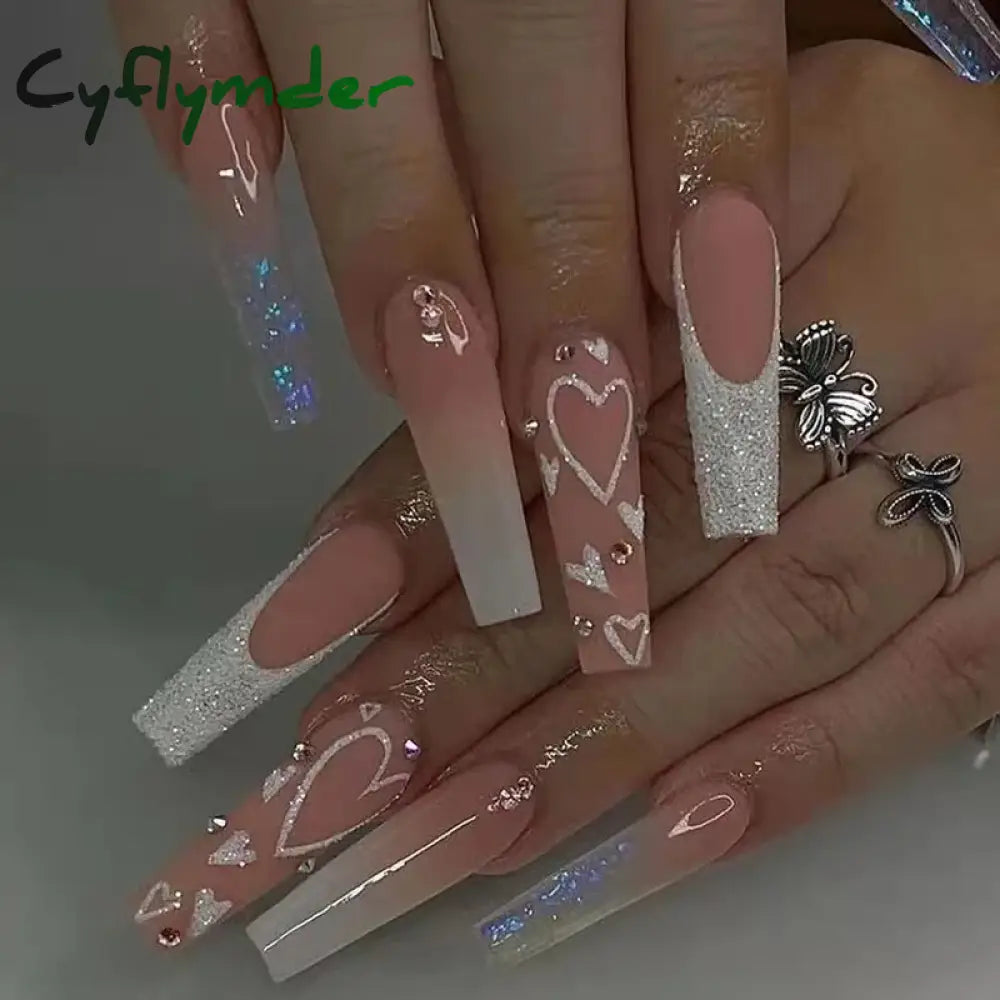 Cyflymder 24Pcs Long Ballet Fake Nails Press On Wearable Coffin False With Glue Glitter Leaves